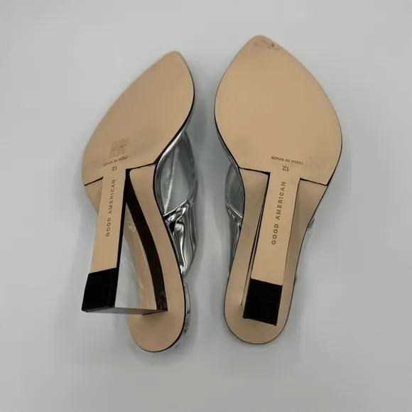 NEW Good American Clear Block Heel Thong Sandals dust bag no box Silver Sz 12