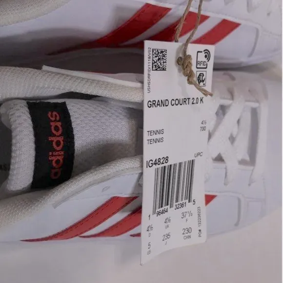 NEW!! Kid’s Adidas Grand Court 2.0 White and Red Sneakers Size 5Y