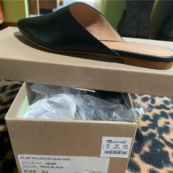 NEW Madewell Remi Mules | Black Leather Slides | Size 5.5 | Slip-On Flats