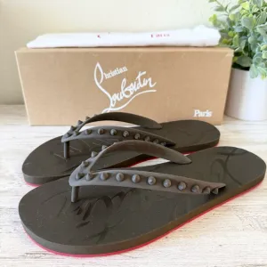 New Mens Christian Louboutin Loubi Flip Flops with Red Soles, size 42, US 9