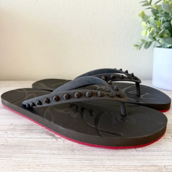 New Mens Christian Louboutin Loubi Flip Flops with Red Soles, size 42, US 9