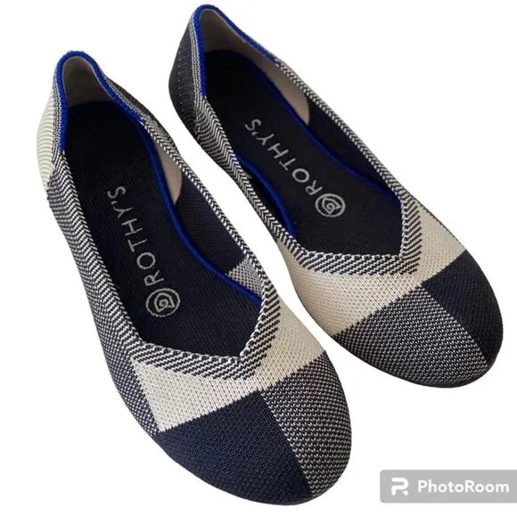 NEW Rothy’s Round Flats Captoe Black White Plaid Check Ballet Flat Sustainable 6