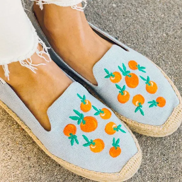 New Soludos x Anthropologie Oranges 9 Blue Embroidered Chambray Denim Espadrille