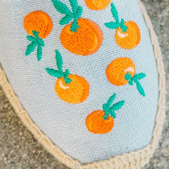 New Soludos x Anthropologie Oranges 9 Blue Embroidered Chambray Denim Espadrille
