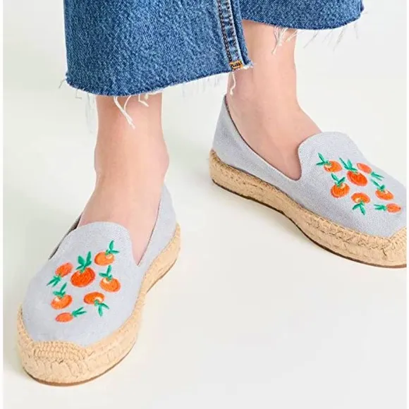 New Soludos x Anthropologie Oranges 9 Blue Embroidered Chambray Denim Espadrille