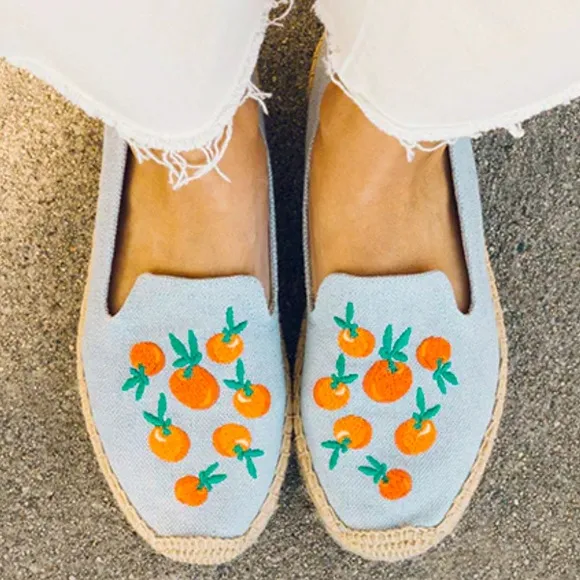 New Soludos x Anthropologie Oranges 9 Blue Embroidered Chambray Denim Espadrille