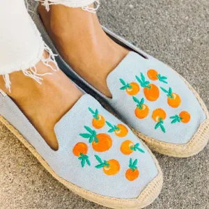 New Soludos x Anthropologie Oranges 9 Blue Embroidered Chambray Denim Espadrille