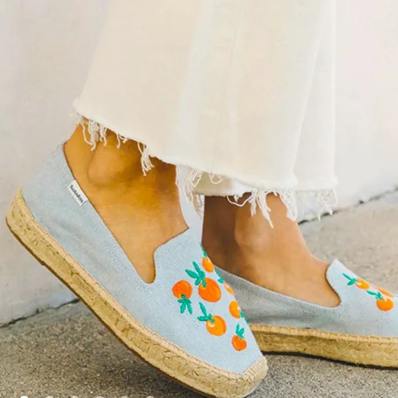 New Soludos x Anthropologie Oranges 9 Blue Embroidered Chambray Denim Espadrille