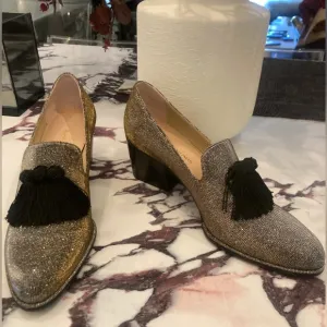 NEW Stuart Weitzman 6 sparkle silver tassel black loefers shoes flats lame glam