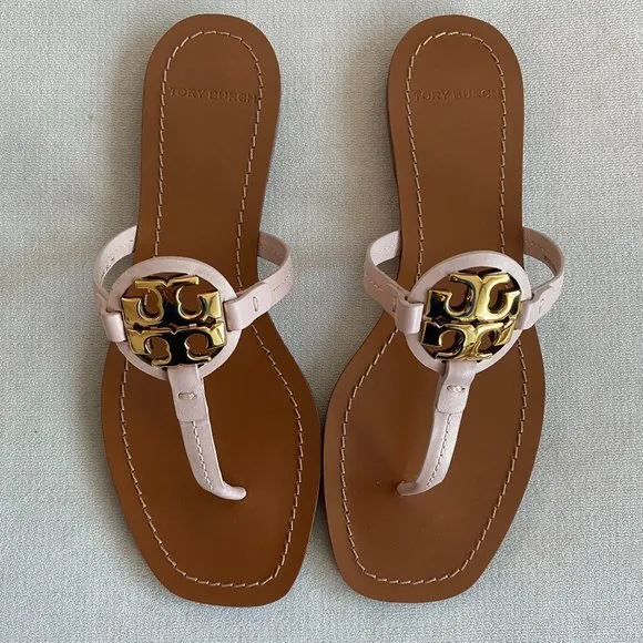 NEW Tory Birch Miller Thong Leather Metal Sandals - Seashell / Gold, Size 7