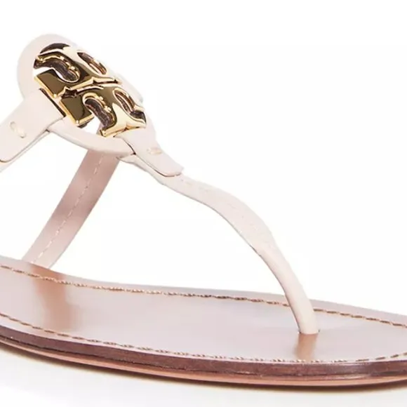NEW Tory Birch Miller Thong Leather Metal Sandals - Seashell / Gold, Size 7