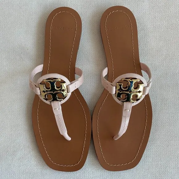 NEW Tory Birch Miller Thong Leather Metal Sandals - Seashell / Gold, Size 8