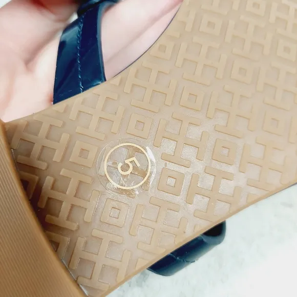 New Tory Burch Miller Navy Leather Rainbow Logo Thong Slide Sandals B640