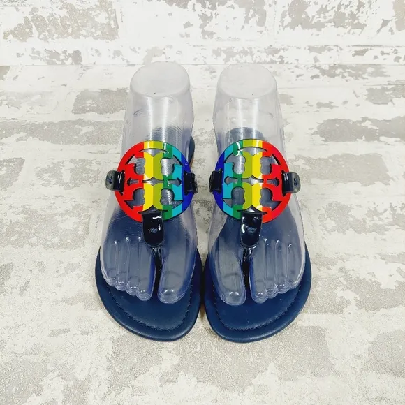 New Tory Burch Miller Navy Leather Rainbow Logo Thong Slide Sandals B640