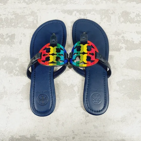 New Tory Burch Miller Navy Leather Rainbow Logo Thong Slide Sandals B640