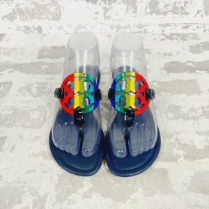 New Tory Burch Miller Navy Leather Rainbow Logo Thong Slide Sandals B640