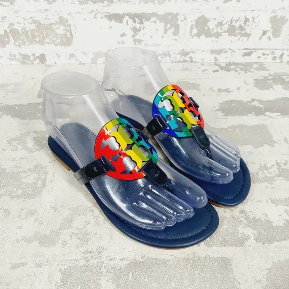 New Tory Burch Miller Navy Leather Rainbow Logo Thong Slide Sandals B640