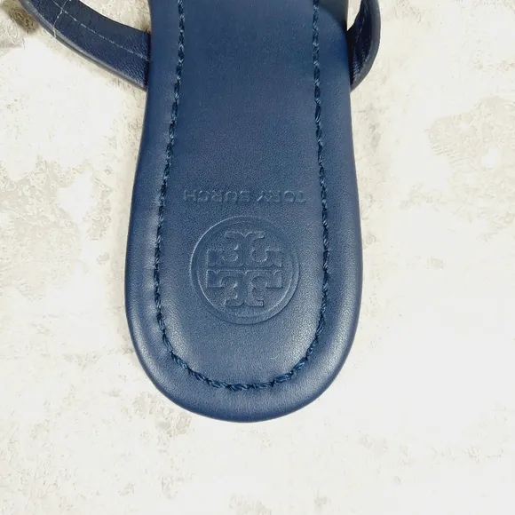 New Tory Burch Miller Navy Leather Rainbow Logo Thong Slide Sandals B640