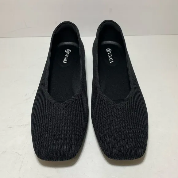 New VIVAIA Square-Toe V-Cut Washable Black Knit Margot 2.0 Flats Size 39.5/8.5 W