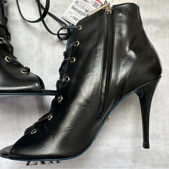 New Zara $169 Black Leather Lace Up Ankle Boots Blue Collection Size 10 1174/001