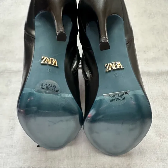 New Zara $169 Black Leather Lace Up Ankle Boots Blue Collection Size 10 1174/001