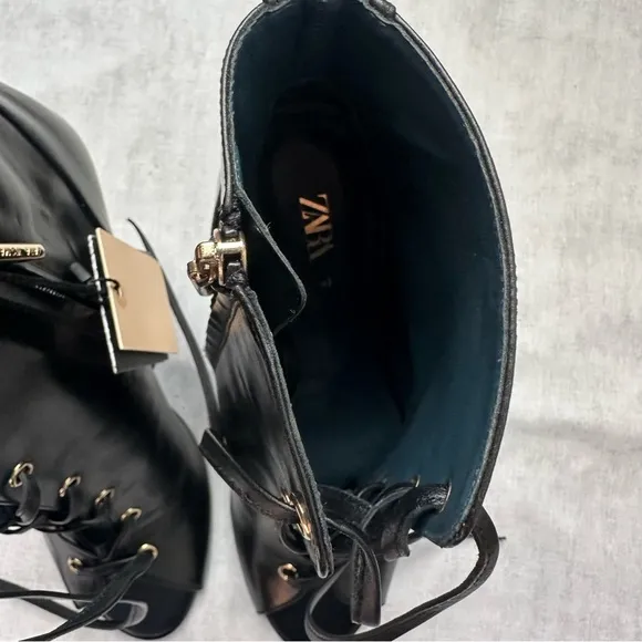 New Zara $169 Black Leather Lace Up Ankle Boots Blue Collection Size 10 1174/001