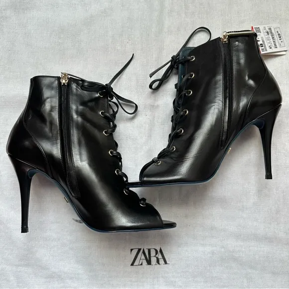 New Zara $169 Black Leather Lace Up Ankle Boots Blue Collection Size 10 1174/001