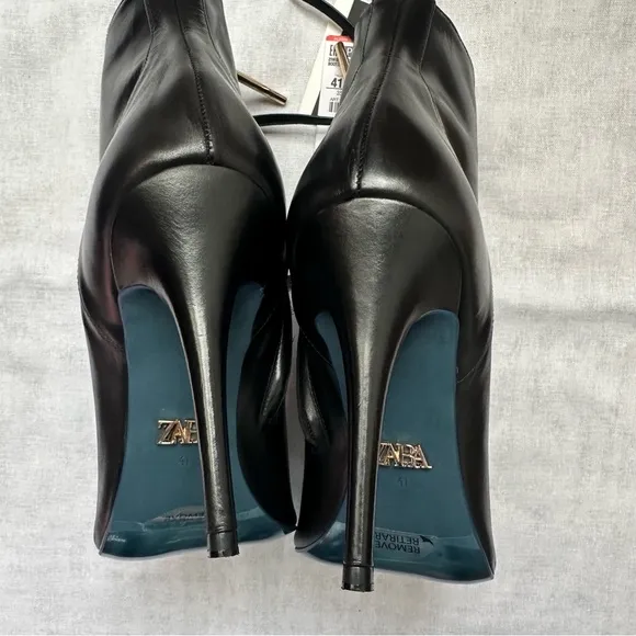 New Zara $169 Black Leather Lace Up Ankle Boots Blue Collection Size 10 1174/001