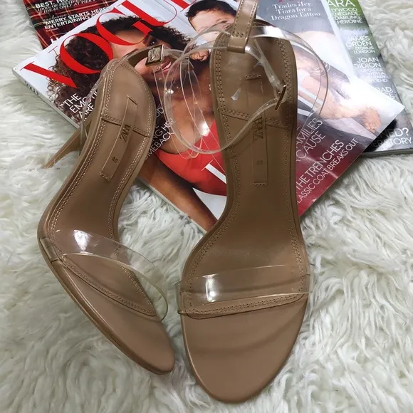 New ZARA Beige &amp; Clear vinyl heeled sandals ankle strap