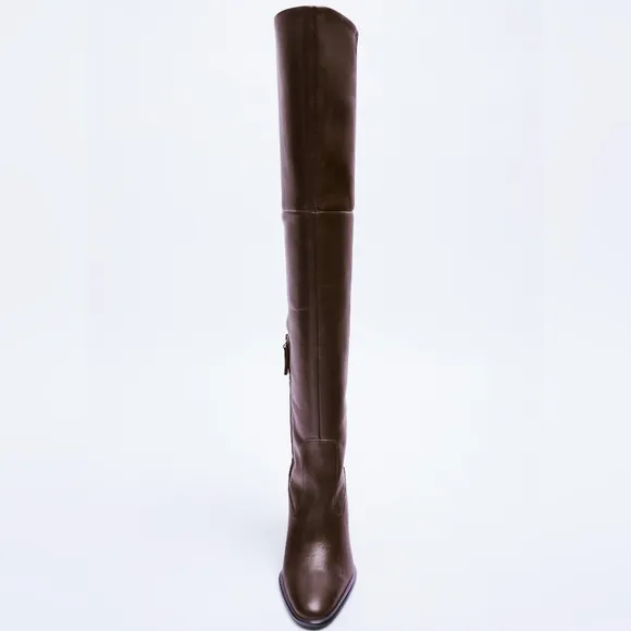 NEW ZARA Chocolate Brown Leather Over The Knee Heeled Boots 6.5