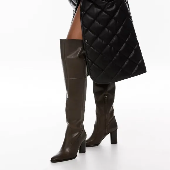 NEW ZARA Chocolate Brown Leather Over The Knee Heeled Boots 6.5