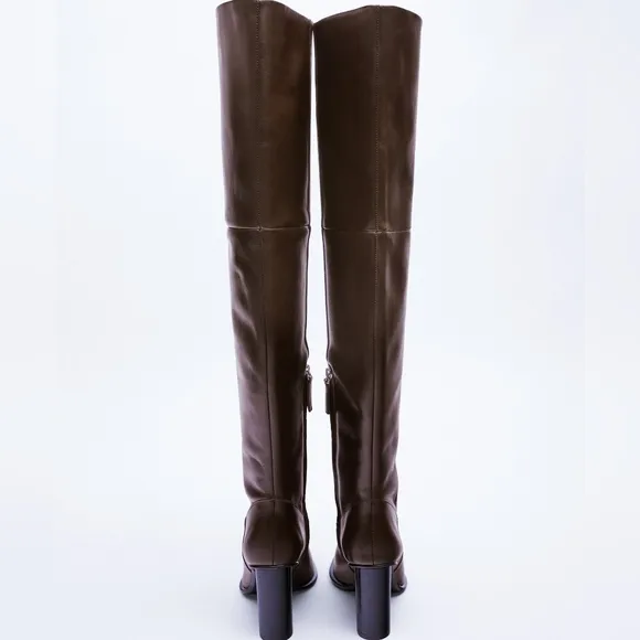 NEW ZARA Chocolate Brown Leather Over The Knee Heeled Boots 6.5