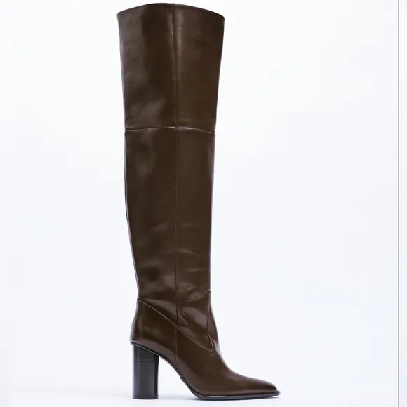 NEW ZARA Chocolate Brown Leather Over The Knee Heeled Boots 6.5