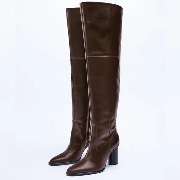 NEW ZARA Chocolate Brown Leather Over The Knee Heeled Boots 6.5