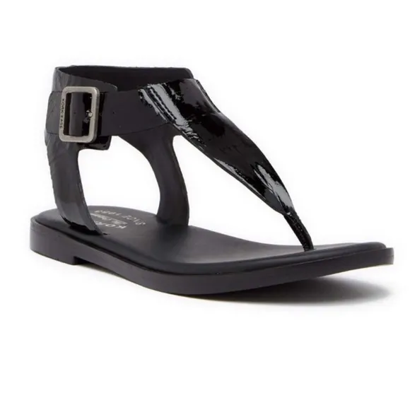 NIB Kork-Ease Catriona Black Patent Leather Thong Ankle Strap Flat Sandals US 6M