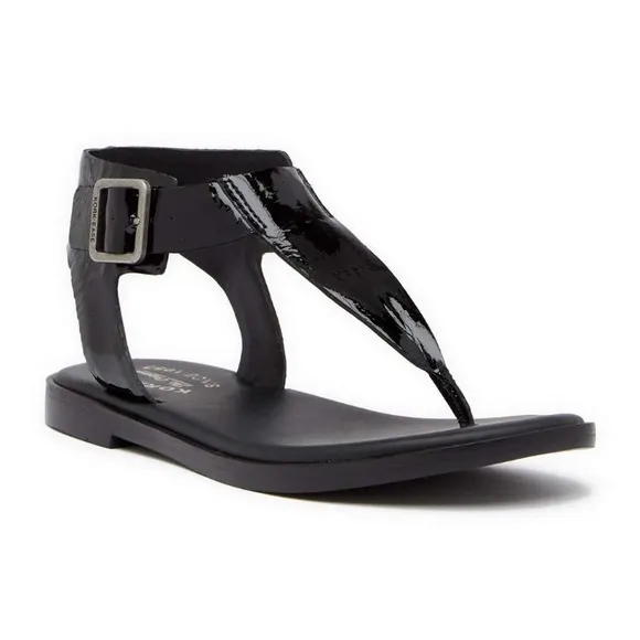 NIB Kork-Ease Catriona Black Patent Leather Thong Ankle Strap Flat Sandals US 6M