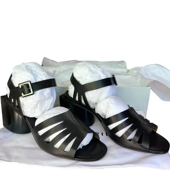 NIB Robert Clergerie Eline Black Padded Ankle Strap Open Toe Block Heel Size 7.5