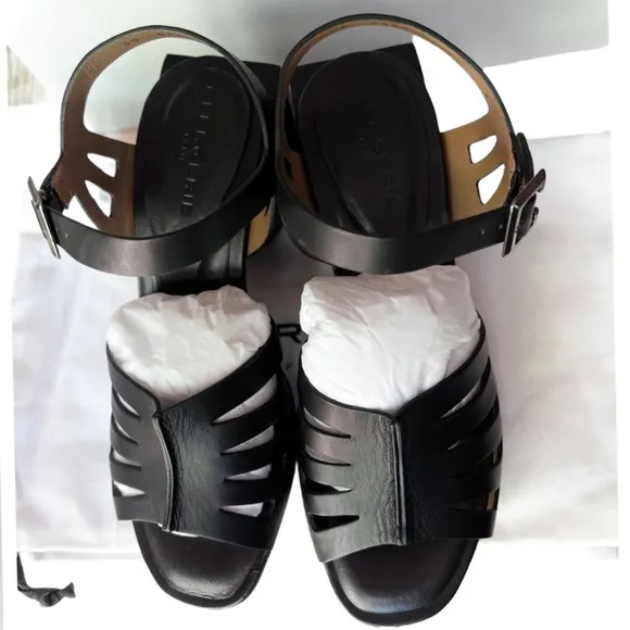 NIB Robert Clergerie Eline Black Padded Ankle Strap Open Toe Block Heel Size 7.5