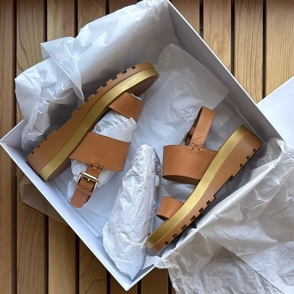 nib See by Chloé Martie Leather Slingback Wedge Sandals in Tan - Size 6