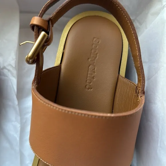 nib See by Chloé Martie Leather Slingback Wedge Sandals in Tan - Size 6