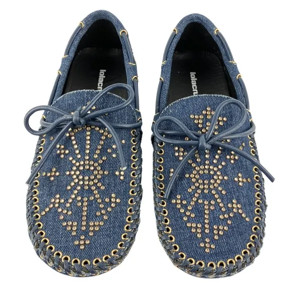 Nib sz 36(6) $288 Lola Cruz Blue Denim Studded Loafers