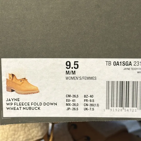NIB Timberland Jayne Fleece Fold Down Lace Up Boots Wheat Nubuck SZ 9.5
