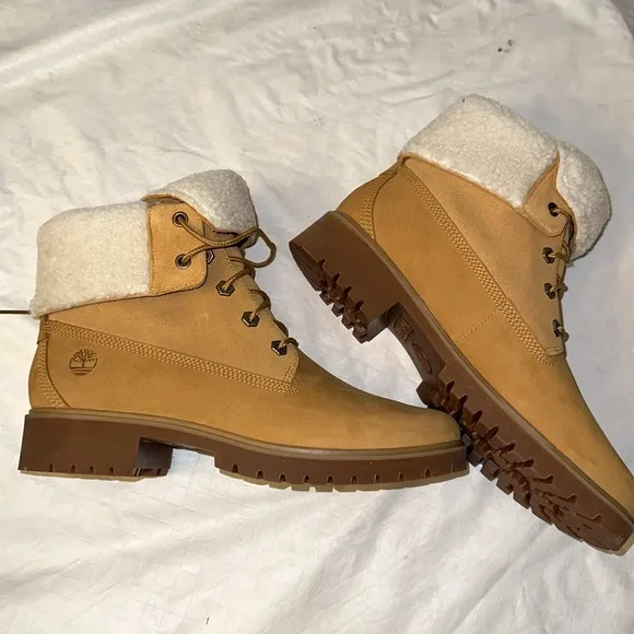 NIB Timberland Jayne Fleece Fold Down Lace Up Boots Wheat Nubuck SZ 9.5