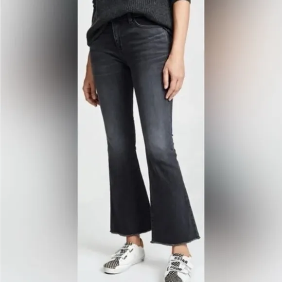 Nili Lotan Vianca Flare Jeans Denim Pants High Waist Raw Crop Hem Black Size 28