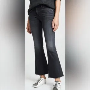 Nili Lotan Vianca Flare Jeans Denim Pants High Waist Raw Crop Hem Black Size 28