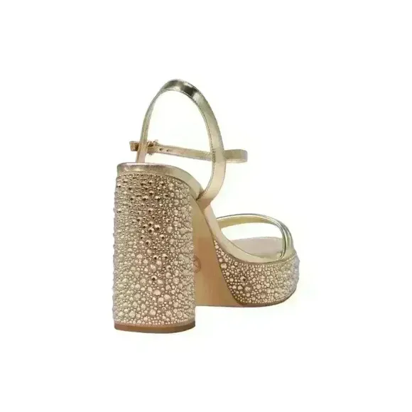 NWB Michael Kors Womens Gold Laci Rhinestone Leather Platform Sandals Size 7.5.