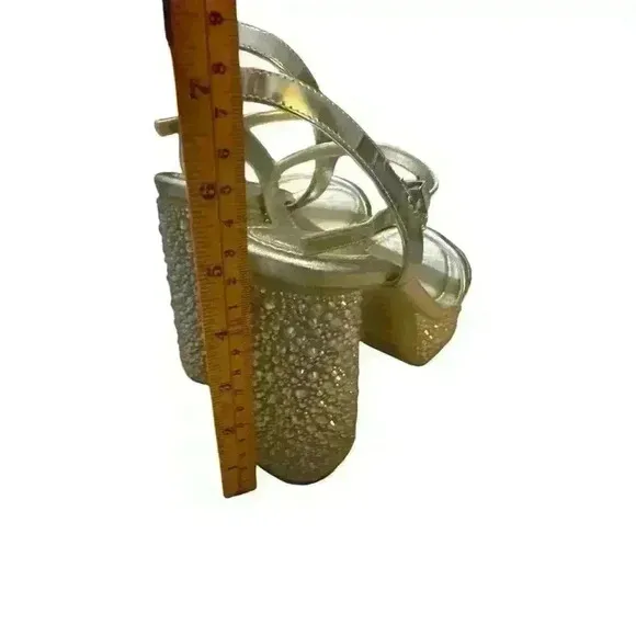 NWB Michael Kors Womens Gold Laci Rhinestone Leather Platform Sandals Size 7.5.