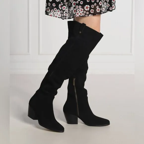 NWOB Michael Kors Harlow Black Suede Cuban Heel Over The Knee Boots size 6