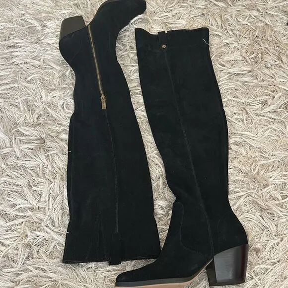 NWOB Michael Kors Harlow Black Suede Cuban Heel Over The Knee Boots size 6