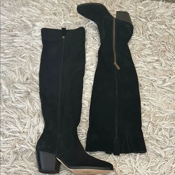 NWOB Michael Kors Harlow Black Suede Cuban Heel Over The Knee Boots size 6